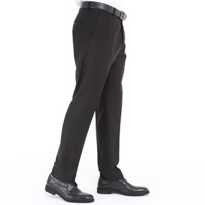 May include: A pair of black dress pants with a belt loop and a black leather belt. The pants are tailored and have a straight leg.