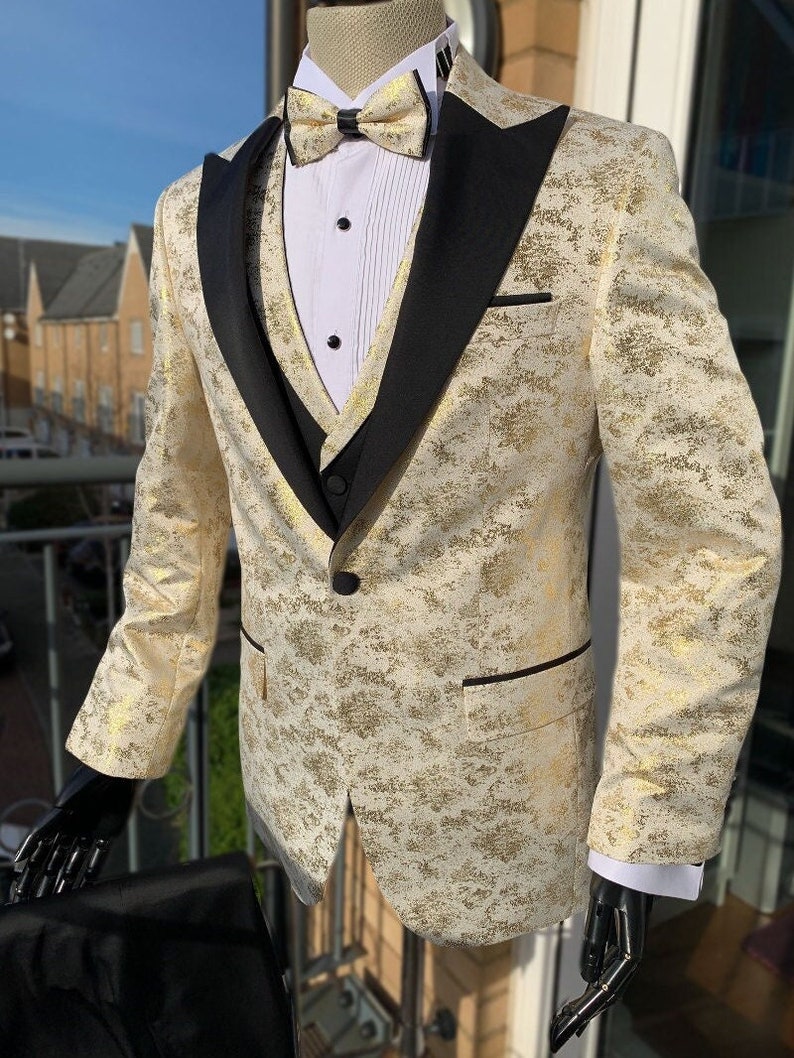 GOLDEN EYE Golden Black Satin Jacquard Four Piece Dinner & Wedding Suit image 3