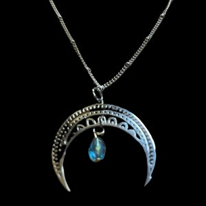 Silver crescent moon necklace/lunar jewelry/blue glass beaded/gift for her