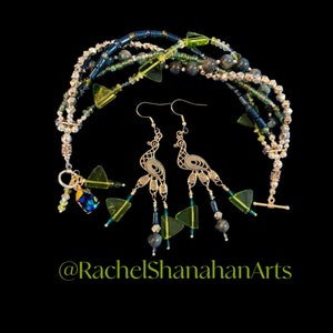 Peacock glass multi strand bracelet & earring set/blue green silver toggle bracelet set/Gift for her