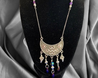Purple Czech glass and silver statement necklace/crystal glass necklace/gift for her