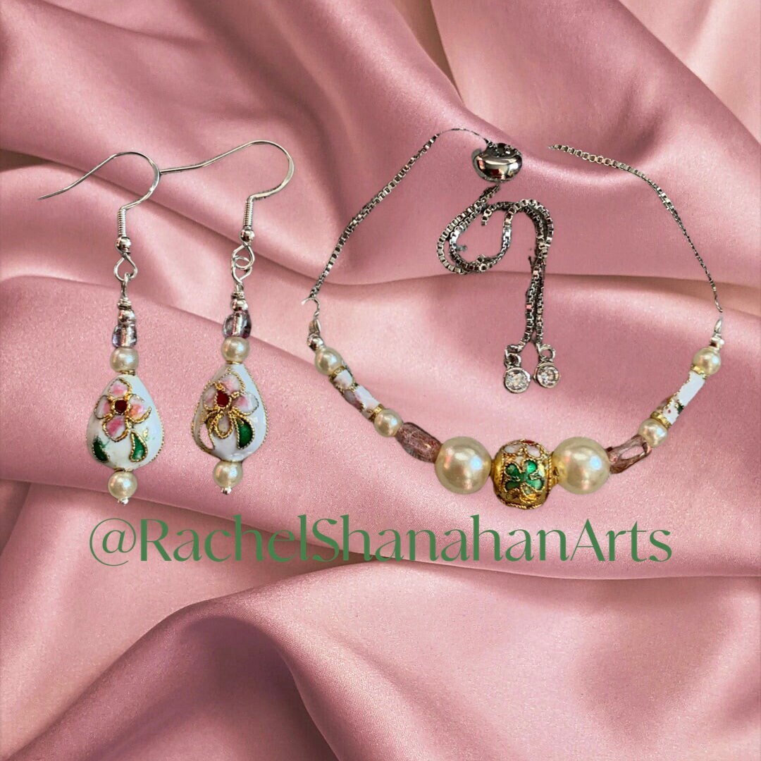 White Floral Cloisonné Beaded Silver Bracelet & Earring Set/adjustable