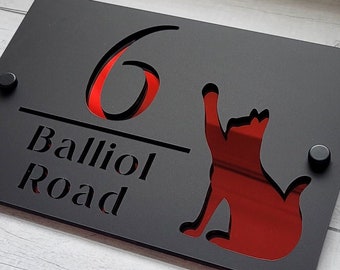 Modern Acrylic House Sign | Cat Silhouette, Black & Red