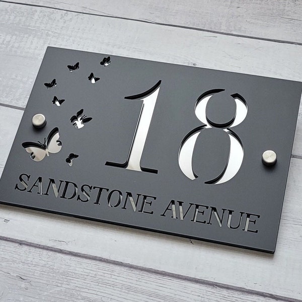 MODERN HOUSE SIGN | Butterfly House Number | House Number Sign | 195mm x 130mm | 230mm x 155mm | 290mm x 190mm | 380mm x 250mm | 500 x 330mm