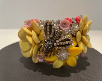 Bee In The Garden Rhinestone Cuff Bracelet One of A Kind