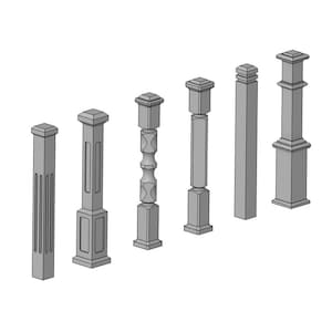 May include: A collection of seven gray, stylized architectural columns. Each column features a unique design, including fluted, paneled, and decorative elements. The columns vary in height and shape, showcasing a range of design options for construction or decorative purposes.