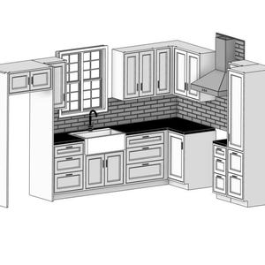 Könnte beinhalten: Graustufen-Illustration eines modernen Küchendesigns. Die Küche verfügt über Schränke, einen Kühlschrank, ein Fenster, ein Waschbecken, eine Dunstabzugshaube und eine Arbeitsplatte. Das Design ist sauber und minimalistisch, mit Fokus auf Funktionalität und Raum.