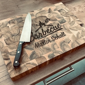 Personalized solid XXL grill barbeque mosaic wooden board with name, carving board with individual logo engraving, BBQ cutting board large