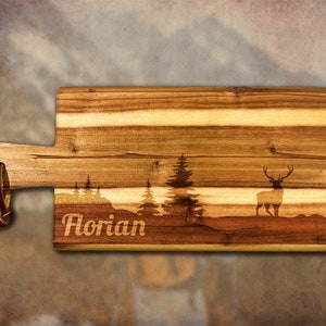 Personalized wooden board with desired text or name, snack board with handle, mountains, hiking, deer, ibex, forest, board with engraving