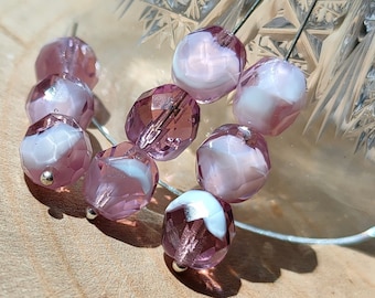 Purple Milky Czech Glass Beads, 8mm Faceted Round, Fire Polished, Bulk