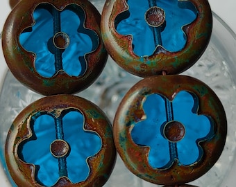 6 Premium Czech Glass Flower Beads, 17mm Blue Picasso Flower, Transparent Czech Beads, Jewelry making beads, Bohemian glass beads