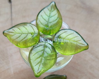 Czech Glass Leaf Beads, 18x13mm Transparent Green Bohemian