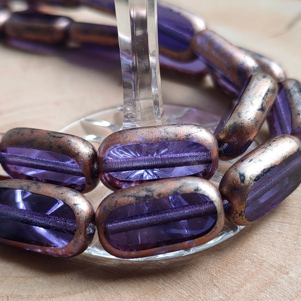 4/10 Premium Czech Rectangle Glass Beads, 16x11mm Purple Bronze Picasso Luster Beads, Transparent Glass Beads, Jewelry beads, Bohemian Glass