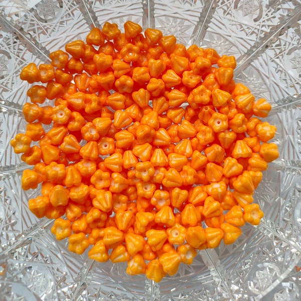 40/100  Bell Flower Czech Glass Beads, 4x6mm Opaque Orange bead cap, mini bells, Pressed flower beads, Jewelry making beads