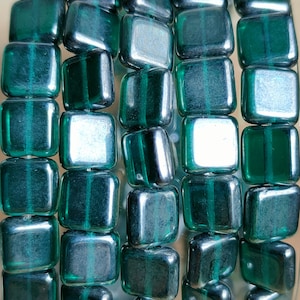 10pcs Czech Premium Square Glass Beads, 8x8mm Dark Green Beads, Transparent Luster Flat Square Beads, Jewelry making beads DIY