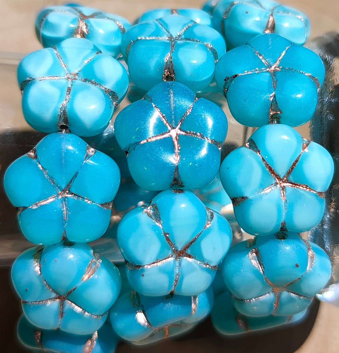 10 Premium Czech Glass Flower Beads, 16x5mm Pressed Czech Glass Beads