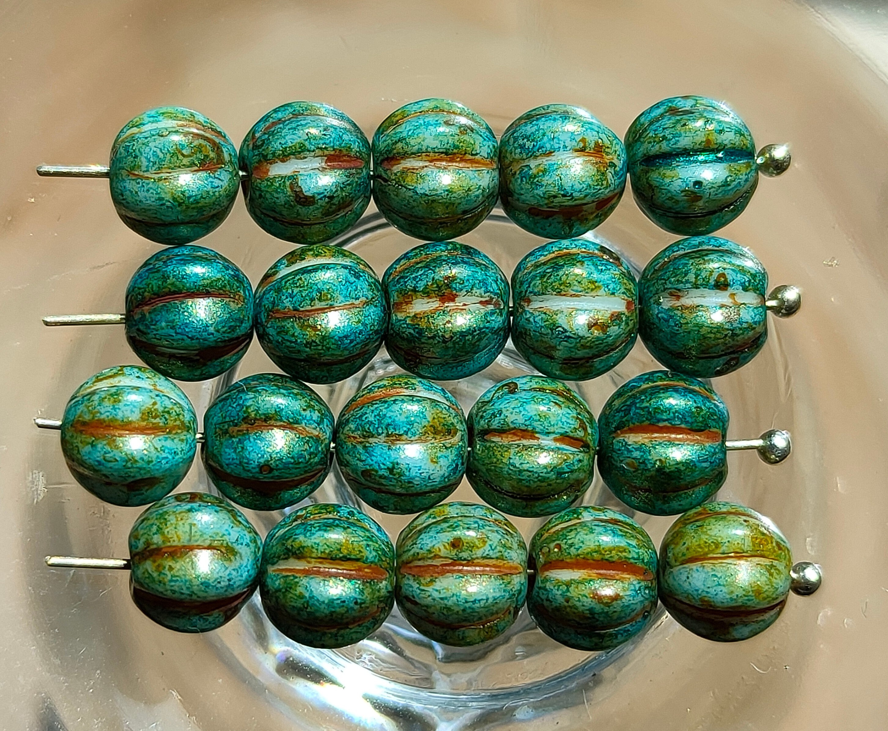 20 8mm Melon Beads Czech Glass Beads for Jewelry Making Fluted Round Green  Mint With Gold Wash 20 Beads 