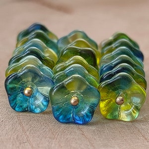 20/50 Bell Flower Czech Glass Beads, 6x8mm Green Yellow Blue bead cap, Pressed flower beads, Transparent beads, Jewelry making beads image 1