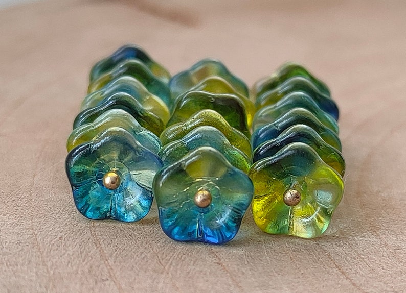 20/50 Bell Flower Czech Glass Beads, 6x8mm Green Yellow Blue bead cap, Pressed flower beads, Transparent beads, Jewelry making beads image 1