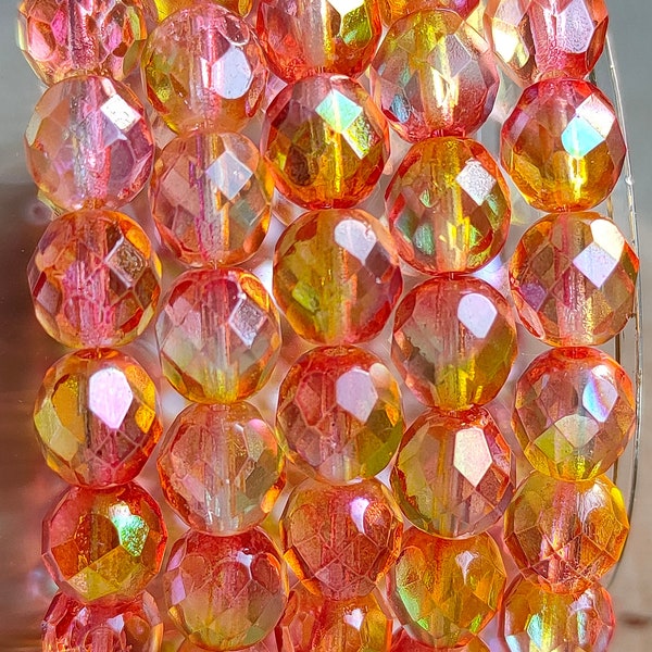 30 Premium Orange Yellow Fire Polished Czech Glass Beads, 8mm Czech AB Round Faceted Bead, Transparent Glass Beads, Jewelry making beads