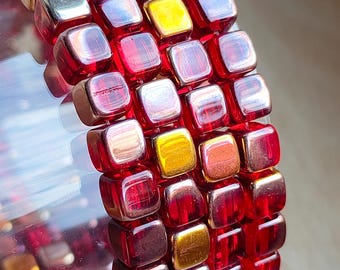 Dark Red Czech Glass Cube Beads, Metallic Gold Luster (6x6mm)