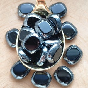 10/25 Premium Czech Glass Oval Coin Beads, 14x12mm Black Silver Glass Beads, Table Cut beads, Opaque beads, Jewelry making beads, DIY