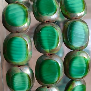 10 Premium Picasso Czech Glass Oval Coin Beads, Dark Green Table Cut Czech Glass Beads , 14x12mm
