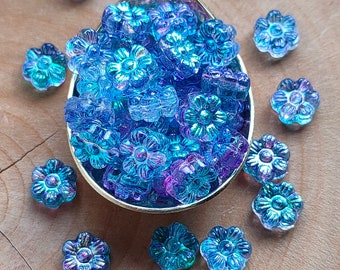 20/50/100/8mm Flower Czech Glass Beads, Blue Rainbow luster flower Beads, Czech Transparent Glass Beads, Jewelry making beads, Pressed beads