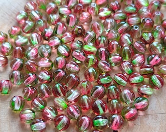 Perles melon en verre tchèque rose et vert, perles rondes cannelées de 6 mm, style bohème, pour la création de bijoux