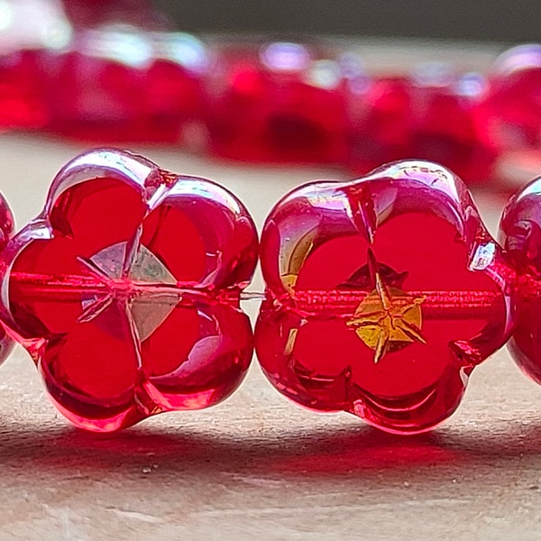 10 Czech Flower Glass Beads, 10mm Red Silver Rainbow Bead, Premium Transparent Czech Glass Beads, Jewelry making beads, Bohemian beads