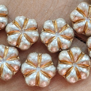 6 Czech glass flower beads, 15mm Silver Gold Gray luster Beads, pressed czech glass beads, Opaque beads, Jewelry making beads