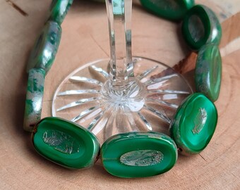Czech Glass Picasso Oval Beads, Opaque Dark Green, Bohemian Bead (22x13mm)