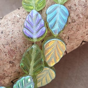 10/20 Premium Czech Glass Leaf Beads, 10x8mm Green AB Metallic Leaves, Press glass beads, Bohemia glass beads, DIY