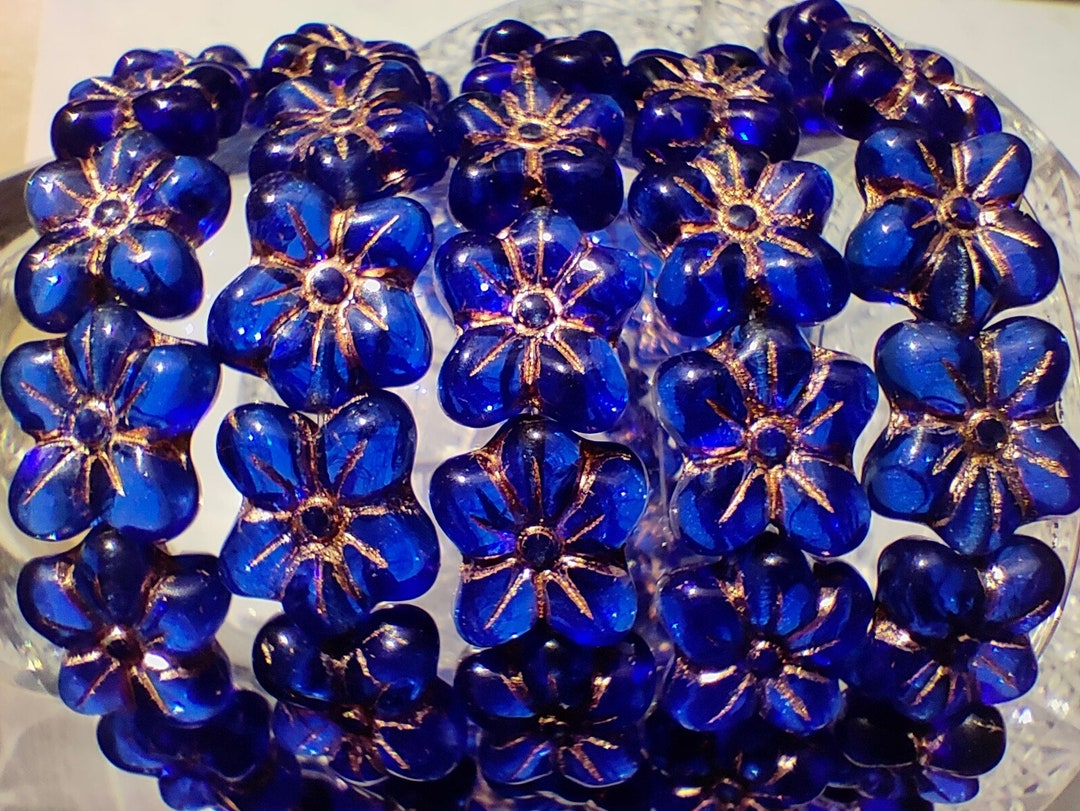 20 Premium Czech Glass Flower Beads, 14x12mm Flower Blue Bronze Beads