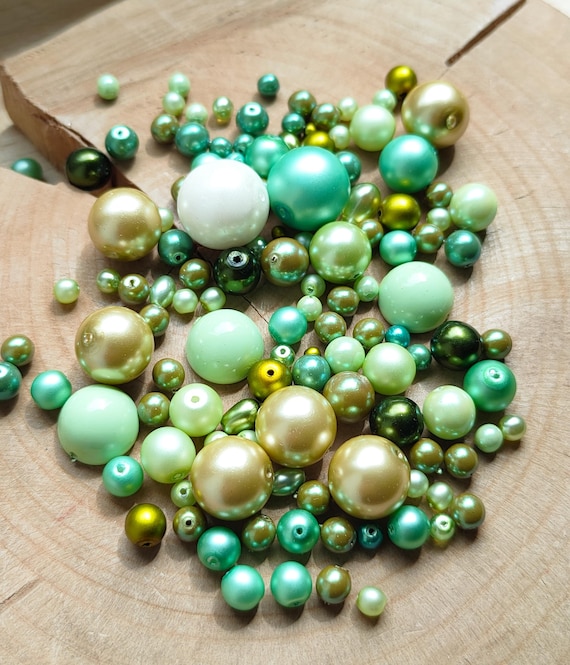 20g/50g Czech Glass Waxed Pearls, 3-14mm Mix Green Champagne Beads