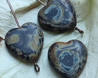 Czech Glass Heart Beads, 17mm Brown Picasso Bohemian