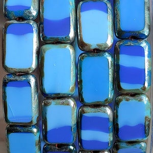 10 Premium Picasso Czech Glass Rectangle Bead, 12x8mm Light Blue Dark Blue bead, Opaque Glass Bead, Bohemian Glass Bead, Jewelry making bead