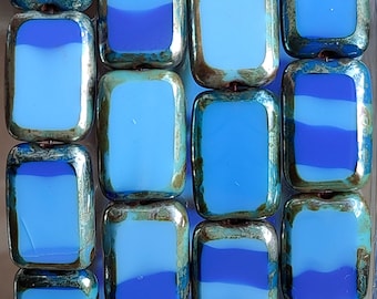 Picasso Czech Glass Rectangle Beads, Light & Dark Blue, 12x8mm