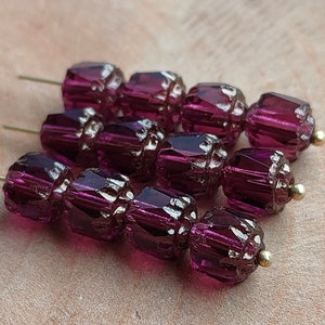 6mm/10/25/100, dark purple Cathedral beads, Premium Czech glass beads, Crown beads, barrel, Fire polish beads, Transparent bead, bronze ends