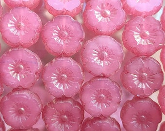 10/25 Perles de fleurs lustre rose, fleur translucide hawaïenne de 8 mm, perle de verre tchèque, perle de fabrication de bijoux, fleur de pensée, fleur d’hibiscus