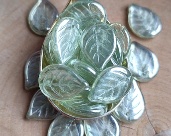 Czech Glass Leaf Beads, 18x13mm Green AB Luster Bohemian