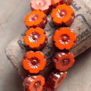 10/25 Czech Orange flower beads, 8mm Bronze Hawaiian opaque flower, czech glass bead, Jewelry Making bead, Pansy Flower, Hibiscus Flower
