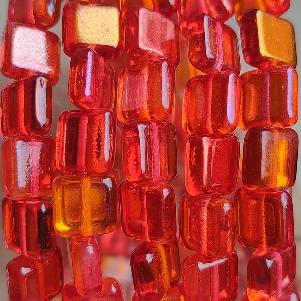 10/30pcs Czech Premium Square Glass Beads, 8x8mm Red Orange Beads, Transparent Luster Flat Square Beads, Jewelry making beads