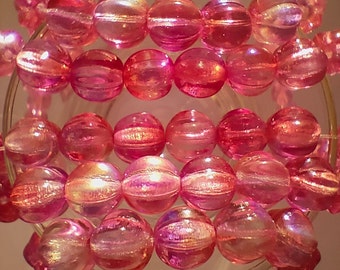 10pcs - 10mm/25pcs - 8mm Melon Beads For Jewelry Making - Pink Clear Luster AB - Czech Glass Beads - Fluted Glass Beads - Round Beads