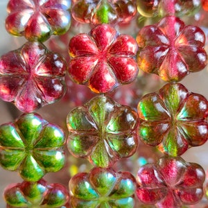6 Czech glass flower beads, 15mm Red Green luster Beads, pressed czech glass beads, Transparent beads, Jewelry making beads