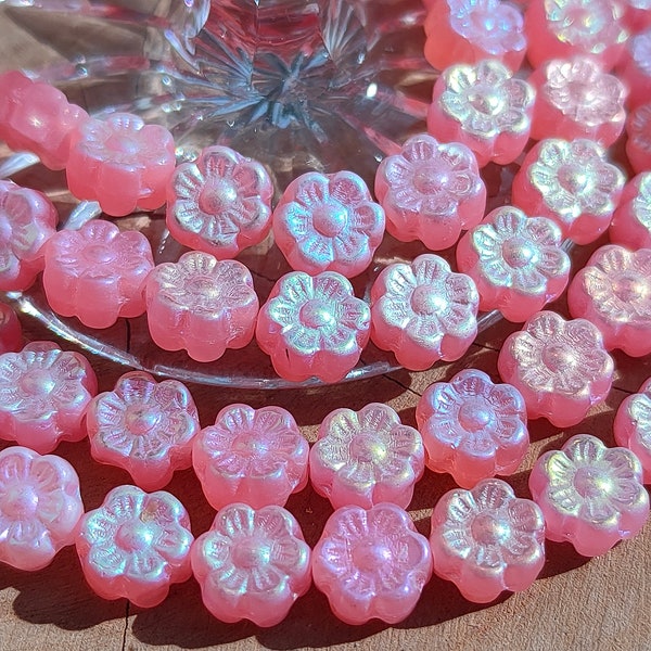 20/50 Premium Czech Glass Hawaii flower Beads, 6 mm Opaque Pink lustered bead, Pressed Glass Bead, Jewelry making beads, Bohemian glass