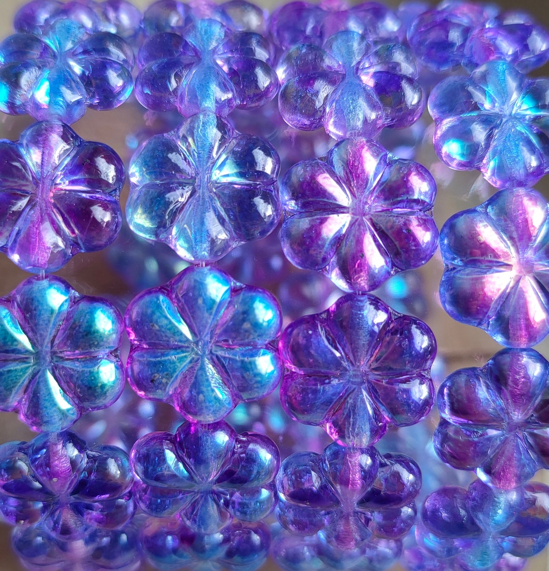 6 Czech Glass Flower Beads 15mm Purple Blue Luster Beads Etsy