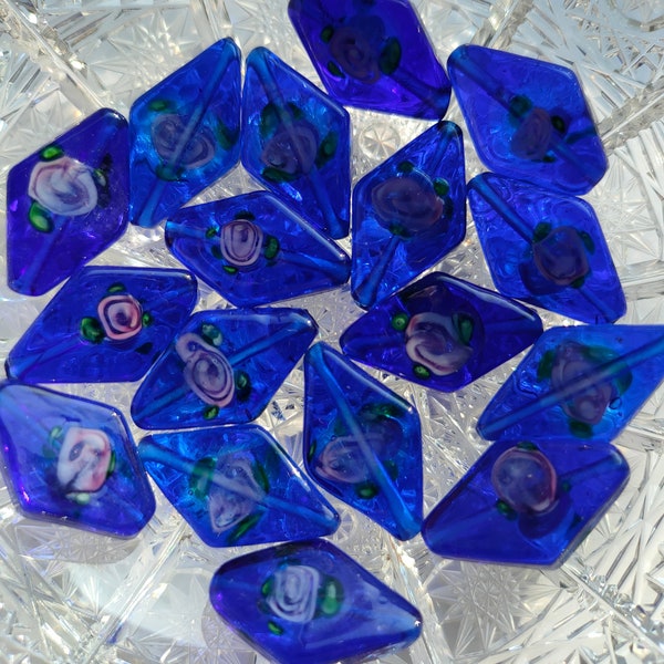 4 Handmade Czech Glass Lampwork bead, 25mm Blue rose flower, Rhombus Czech Glass beads, Transparent Handshaped bead,  bohemian beads