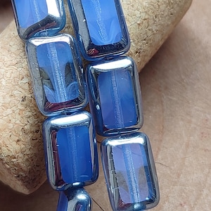 Czech Glass Rectangle Beads: 12x8mm Marble Light Blue Chrome