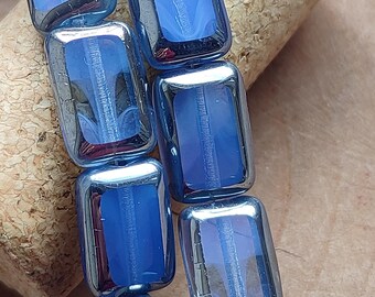 Czech Glass Rectangle Beads: 12x8mm Marble Light Blue Chrome